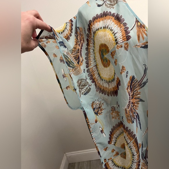 New Umgee Teal Tribal Feather Print Open Kimono Cover-Up S/M Chic & Breezy! NWT - Picture 13 of 16